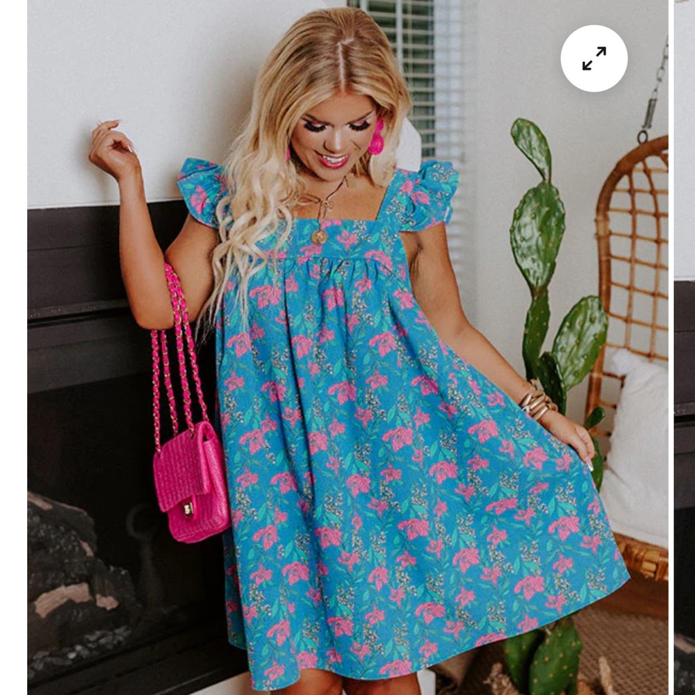 Impressions TURN AWAY FLORAL DRESS blue floral Flutter Sleeves Square Neckline - Picture 1 of 9